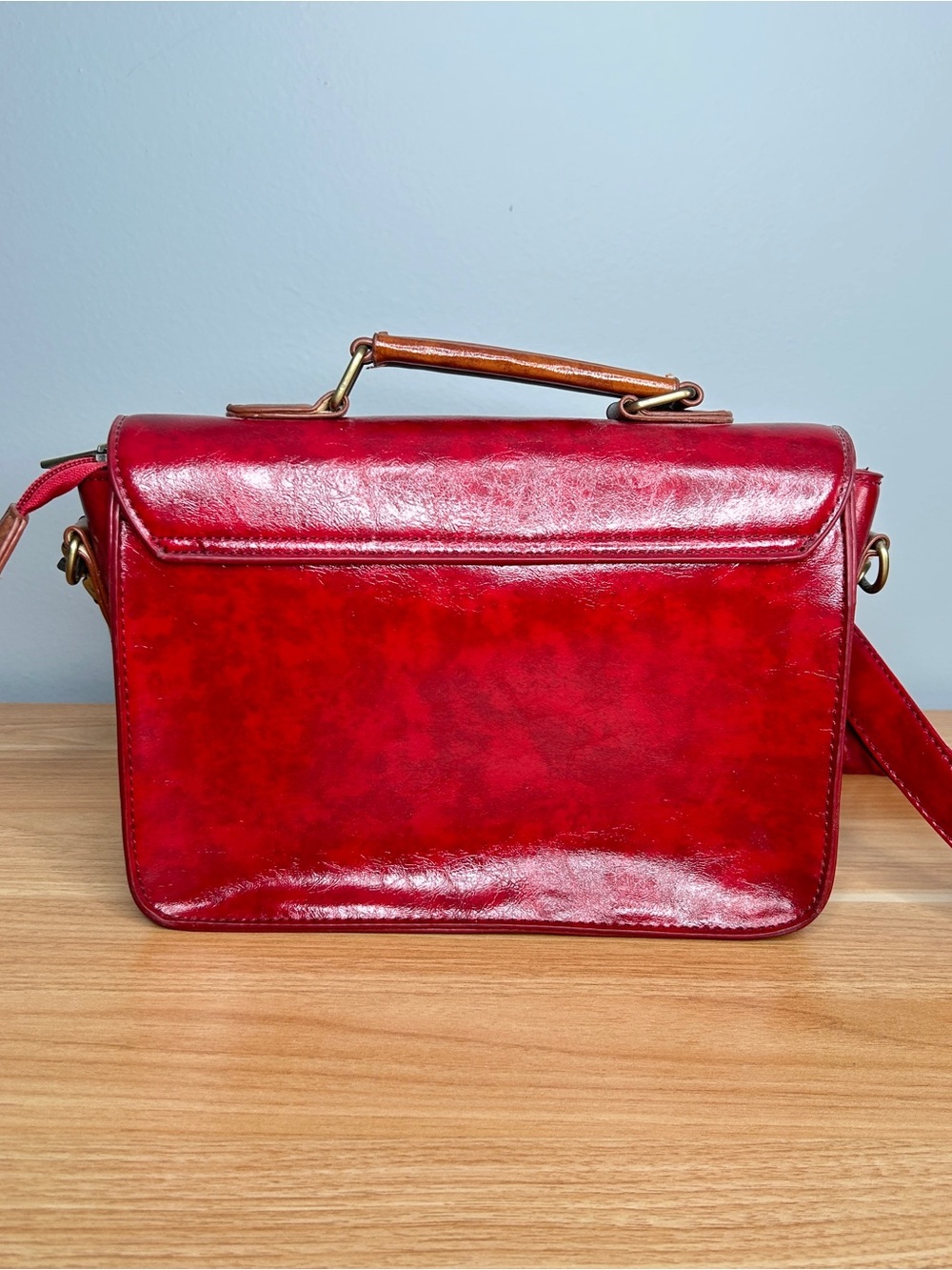 Red and Brown Purse Ecosusi Bag Faux Leather Rectangle Satchel with Buckles - Picture 12 of 16